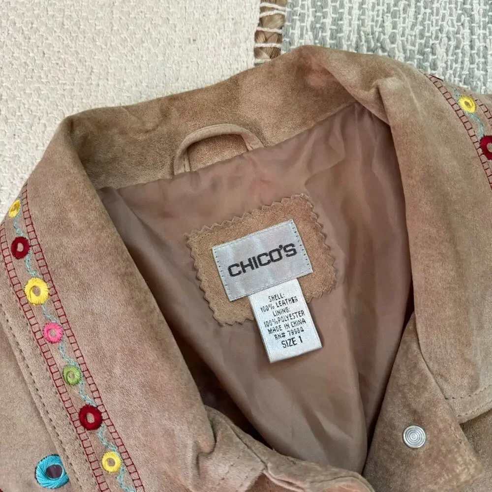 Chico’s Tan 100% Genuine Leather Embellished Embroidered Boho Jacket Women’s M - Picture 8 of 8